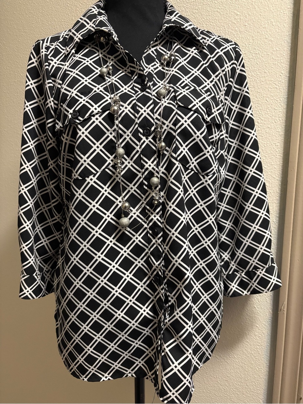 Notations Black and White Lattice Plaid Button-Down Shirt